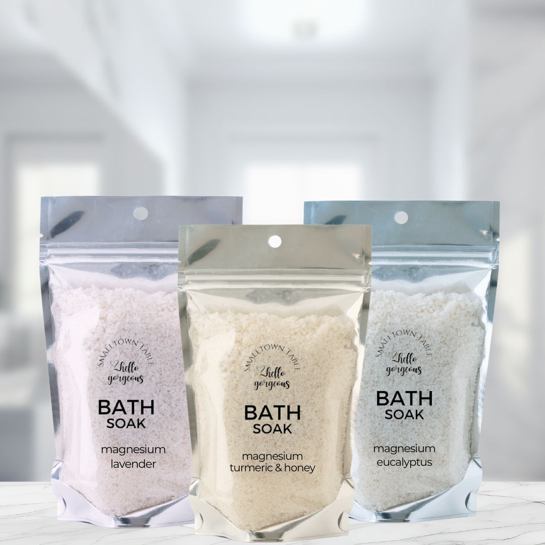 magnesium bath salts 3 pack lavender, turmeric, eucalyptus sealed bags