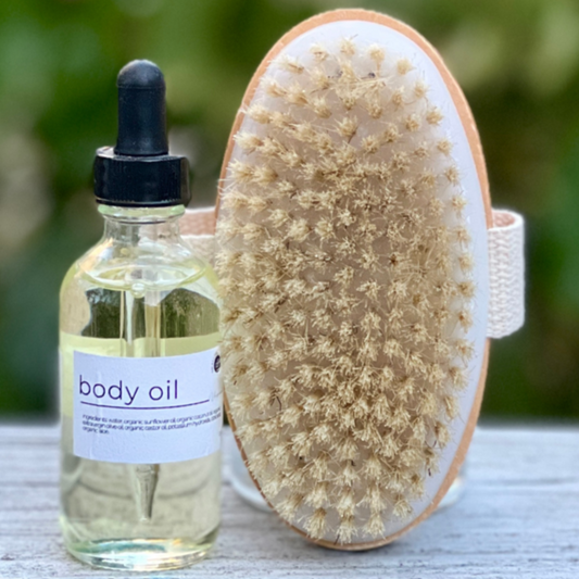 body oil with dropper and dry brush with handle set