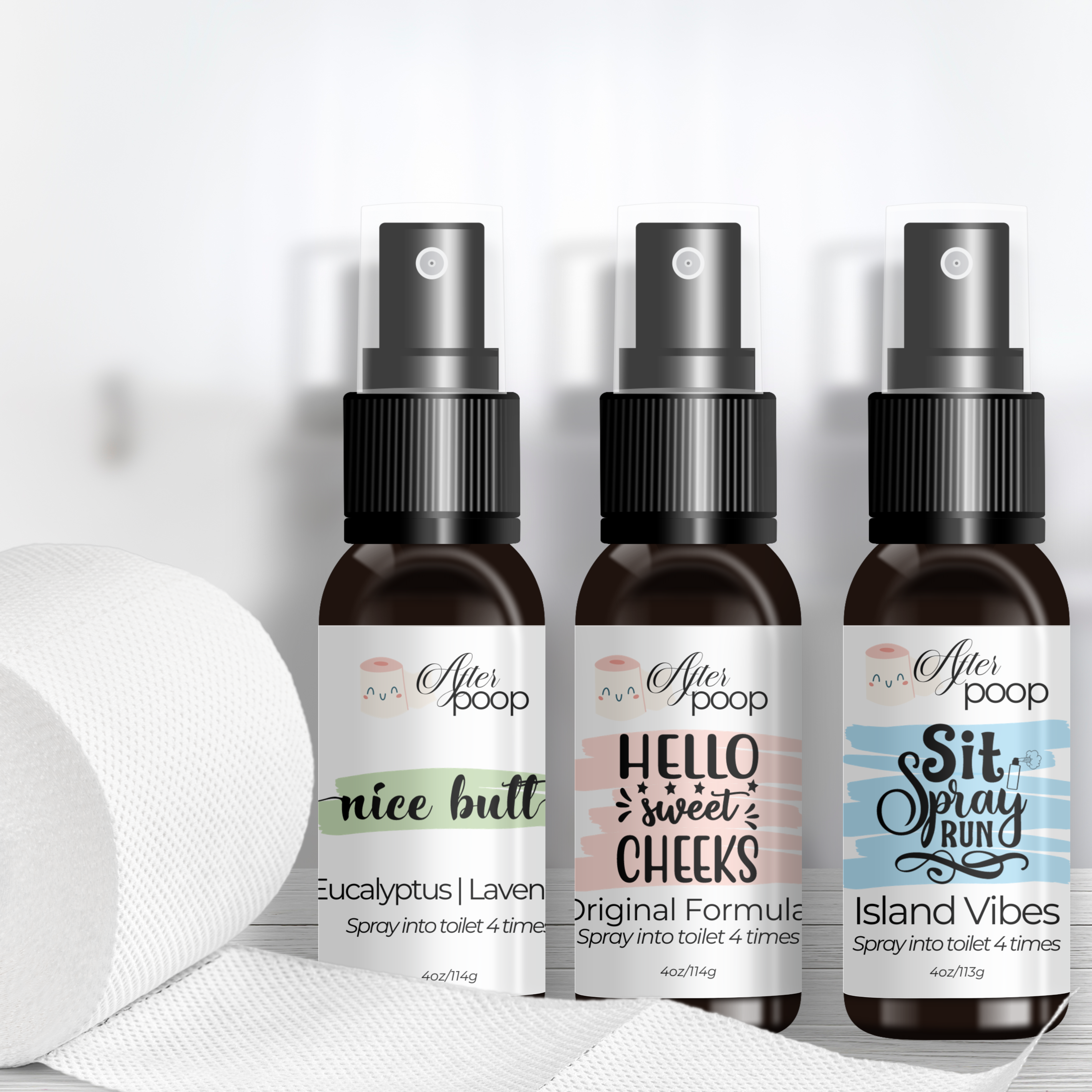 3 spray bottles next to a roll of toilet paper with white labels:nice butt, hello sweet cheeks and sit spray and run spray bottle 4 oz brown spray bottle with black sprayer