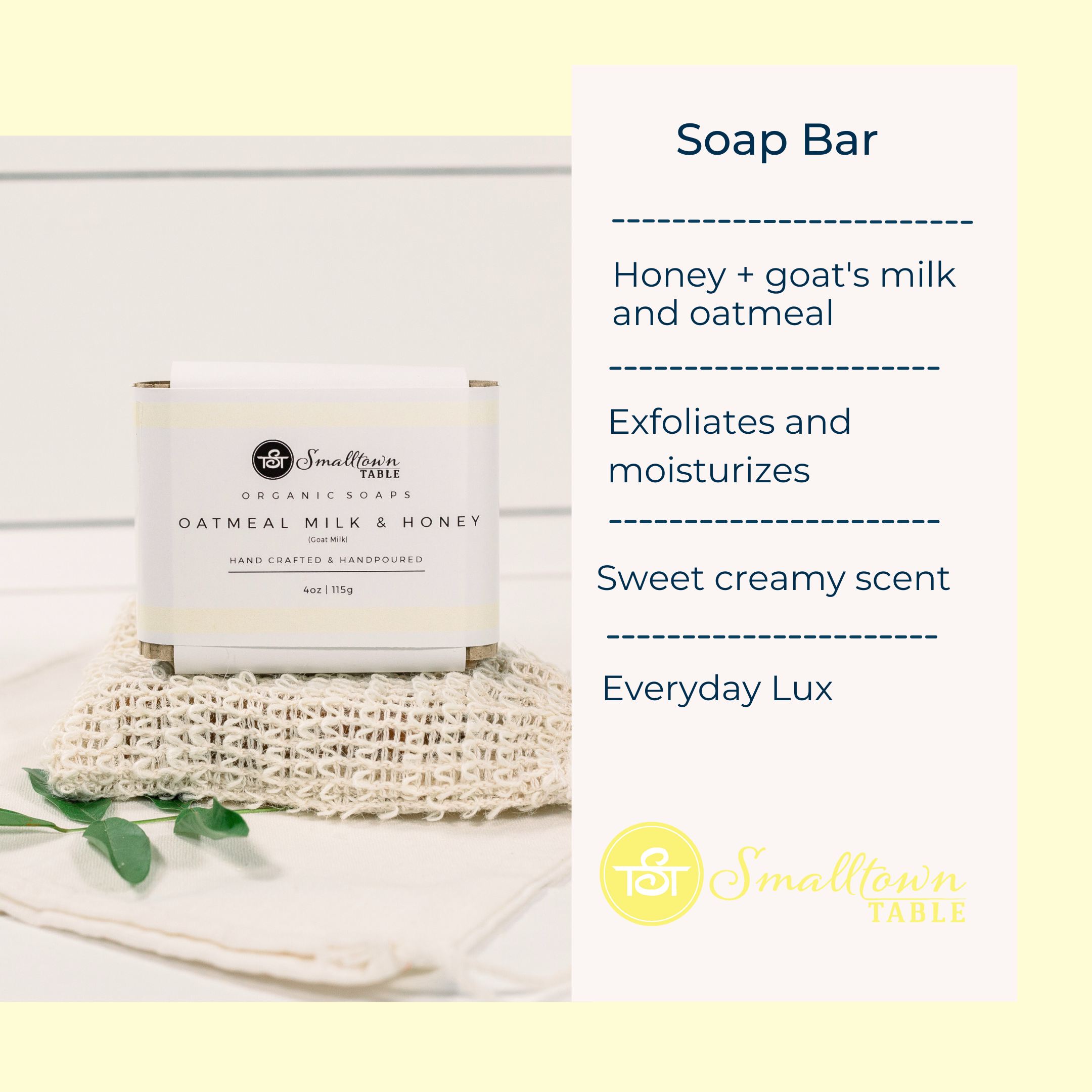 Soap Bar Oatmeal Milk & Honey sitting on top of a soap sack with details about the Soap Bar