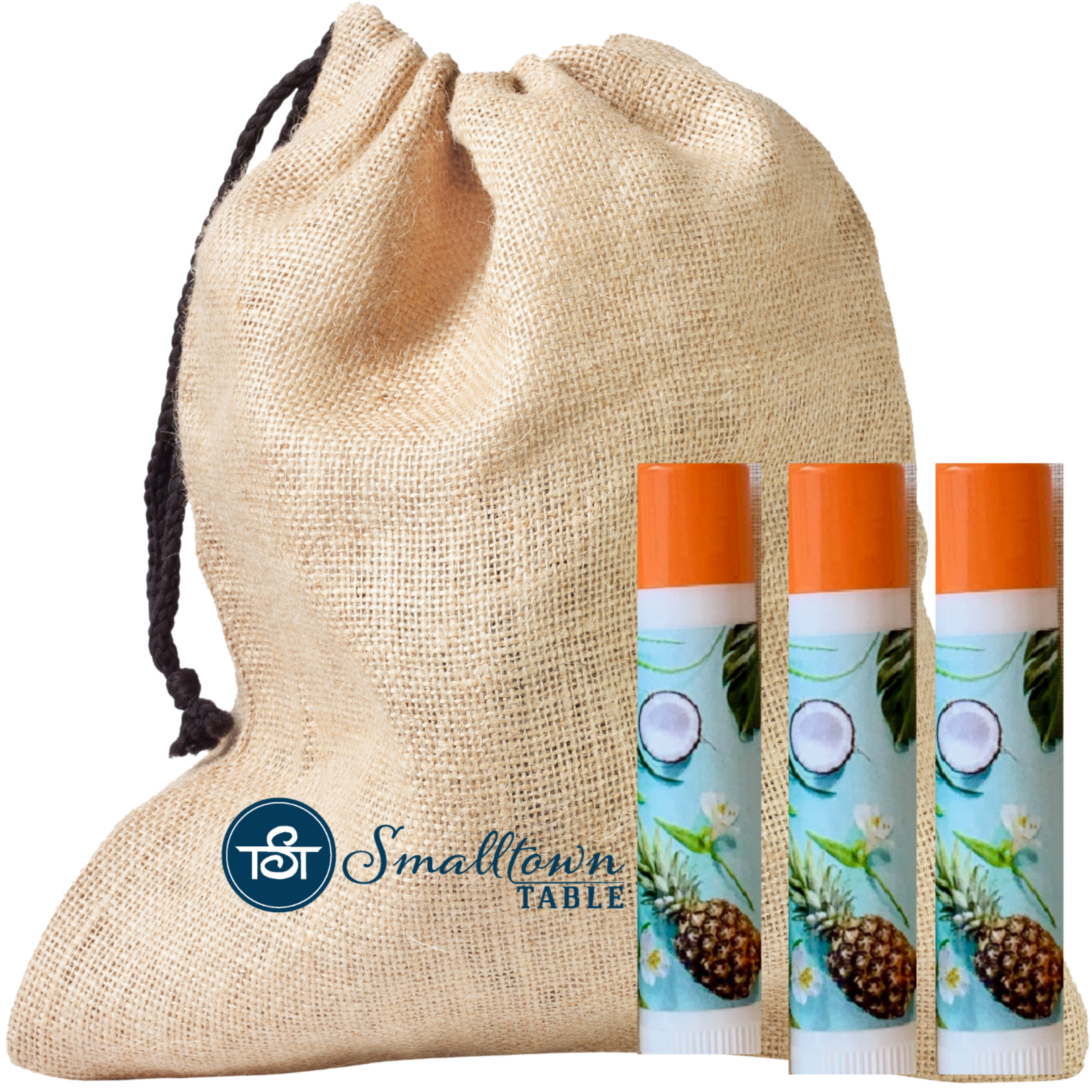 3 pack tropical coconut lip balm with sack stamped with smalltown table logo